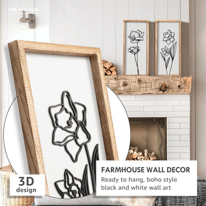 3D Black and White Wall Art (Set of 2) Lightweight, Wooden Ready-to-Hang Framed Floral Wall Art for