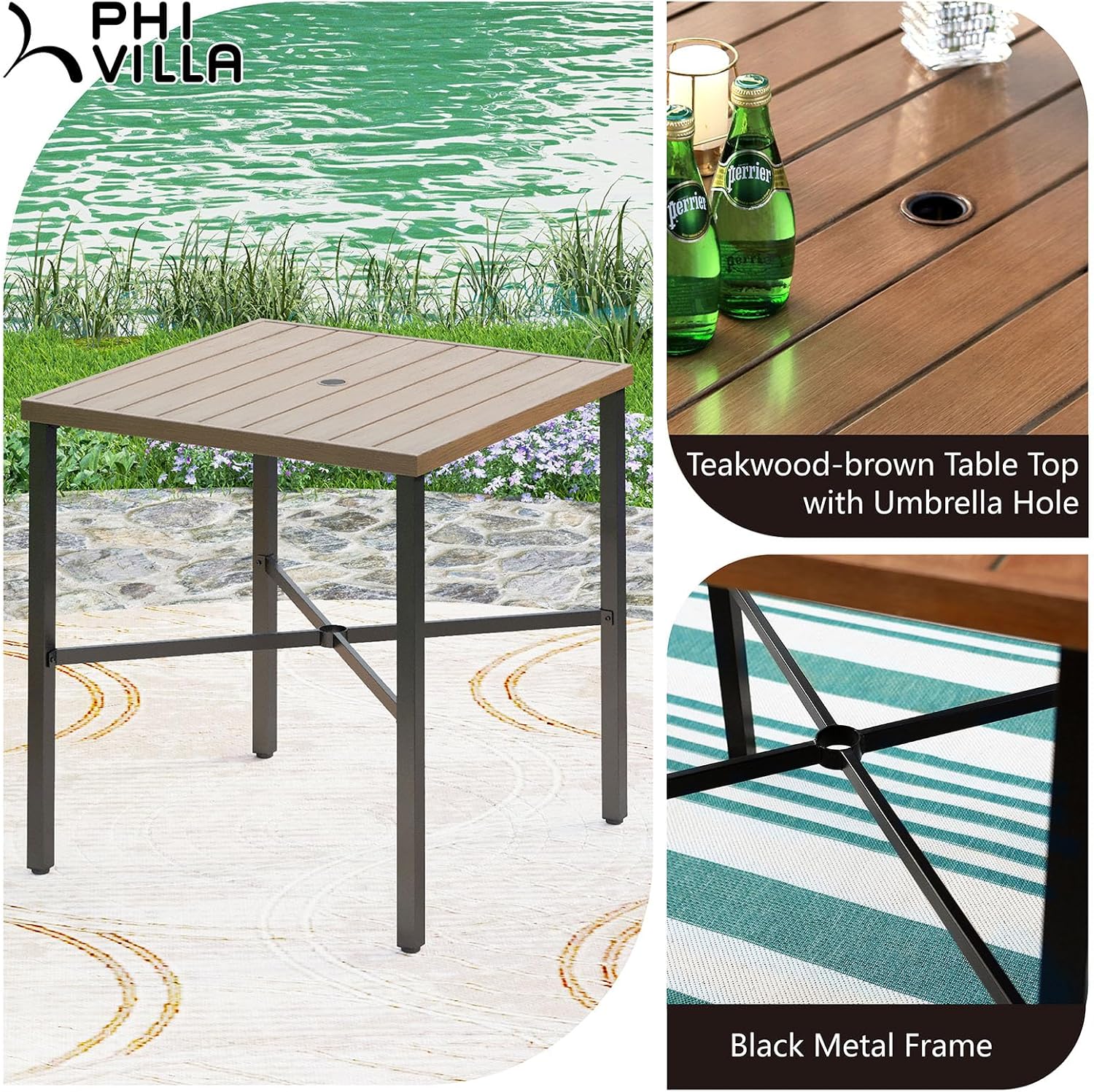PHI VILLA 36"X36" Outdoor Metal Counter Height Table with 1.57" Umbrella Hole, Square Table with