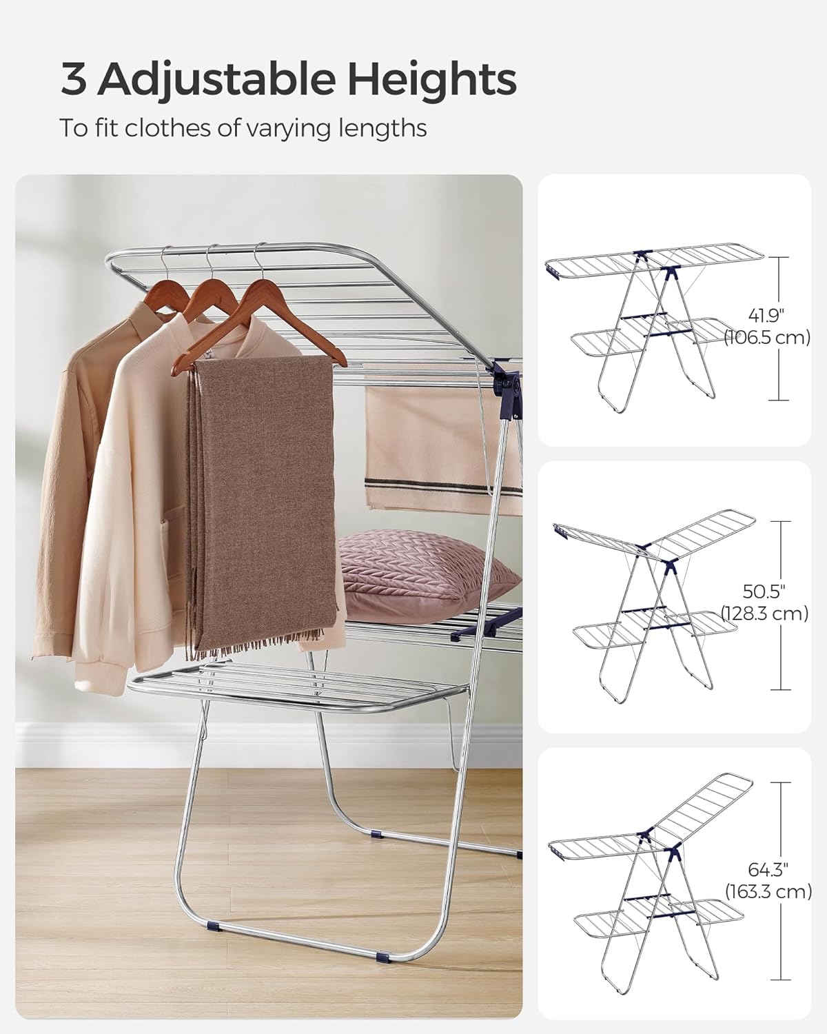 SONGMICS Clothes Drying Rack, Foldable 2-Level Laundry Drying Rack, Free-Standing Laundry Airer
