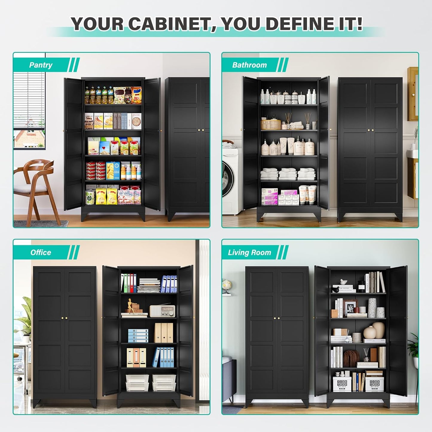 Metal Storages Cabinet with 2 Doors and 5 Shelves,Tall Storage Cabinet,Large Cupboard Closet,Pantry