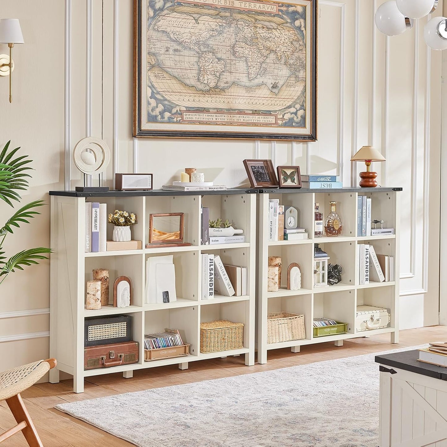 9 Cube Bookcase, Farmhouse 47 Inch Wide White Bookshelf, Wooden 3 Tier Display Large Open Book