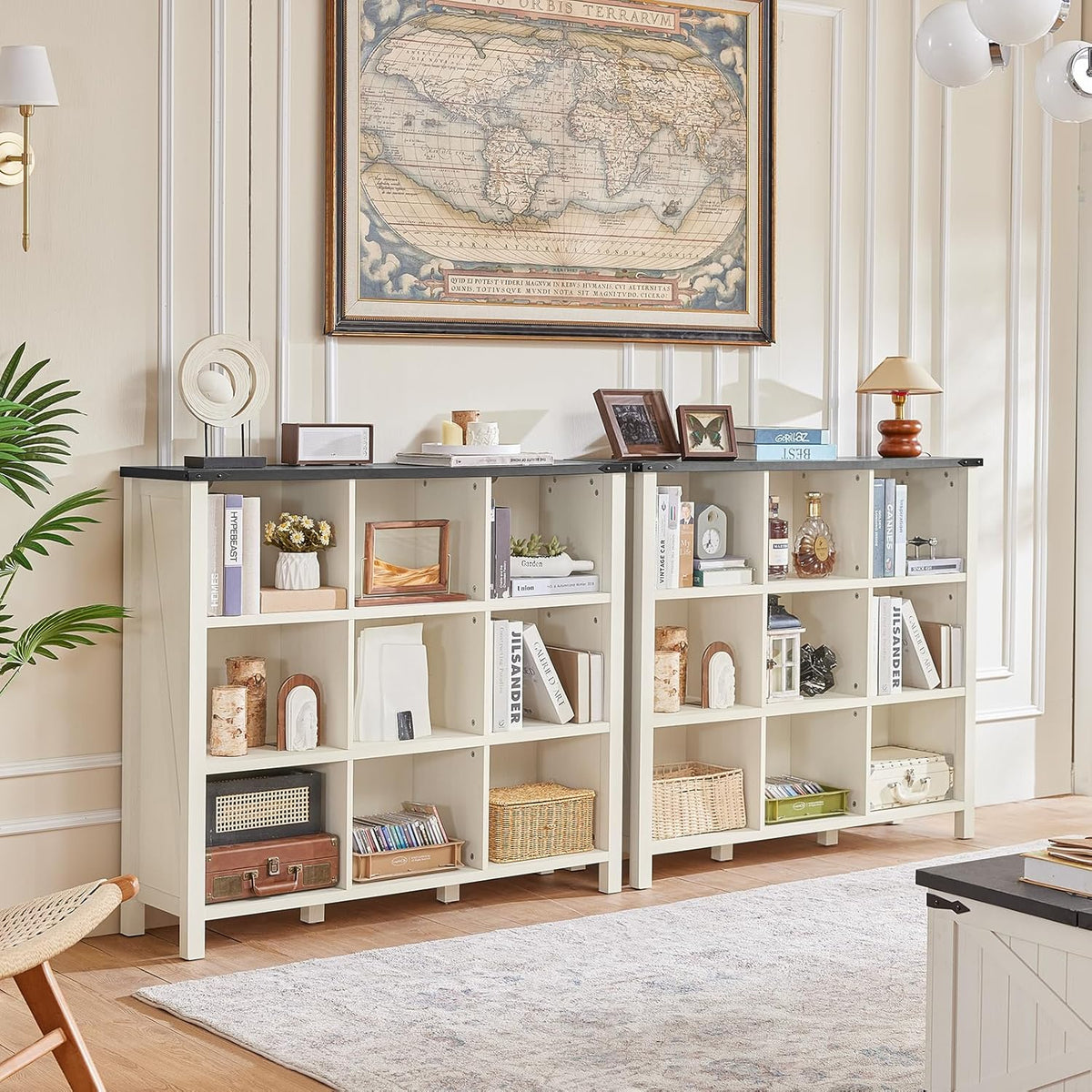 9 Cube Bookcase, Farmhouse 47 Inch Wide White Bookshelf, Wooden 3 Tier Display Large Open Book