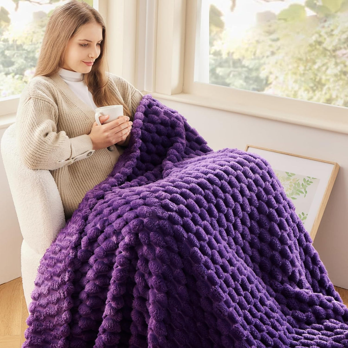NEWCOSPLAY Super Soft Throw Blanket Purple Premium Silky Flannel Fleece 3D Clouds Stylish Jacquard
