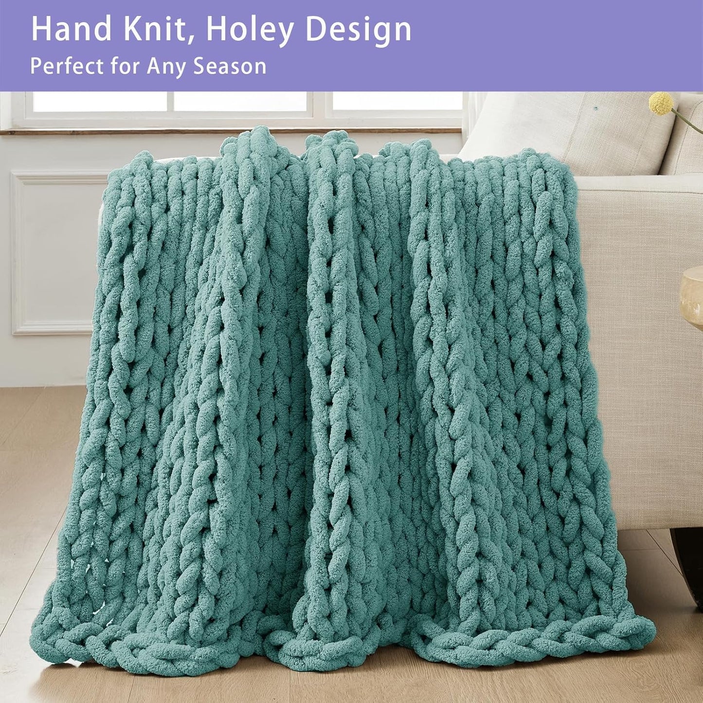 Bigacogo Chunky Knit Throw Blanket for Couch, 40x80 inches, 100% Hand Knitted with Thick Jumbo