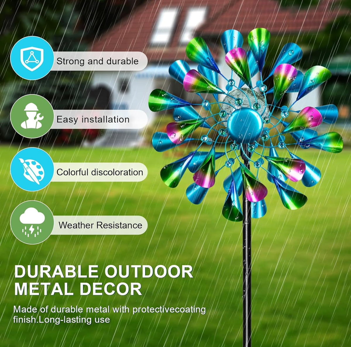 60'' Wind Spinner with Color Glass Ball Solar Lights, Green Peacock Feathers Metal Garden Outdoor