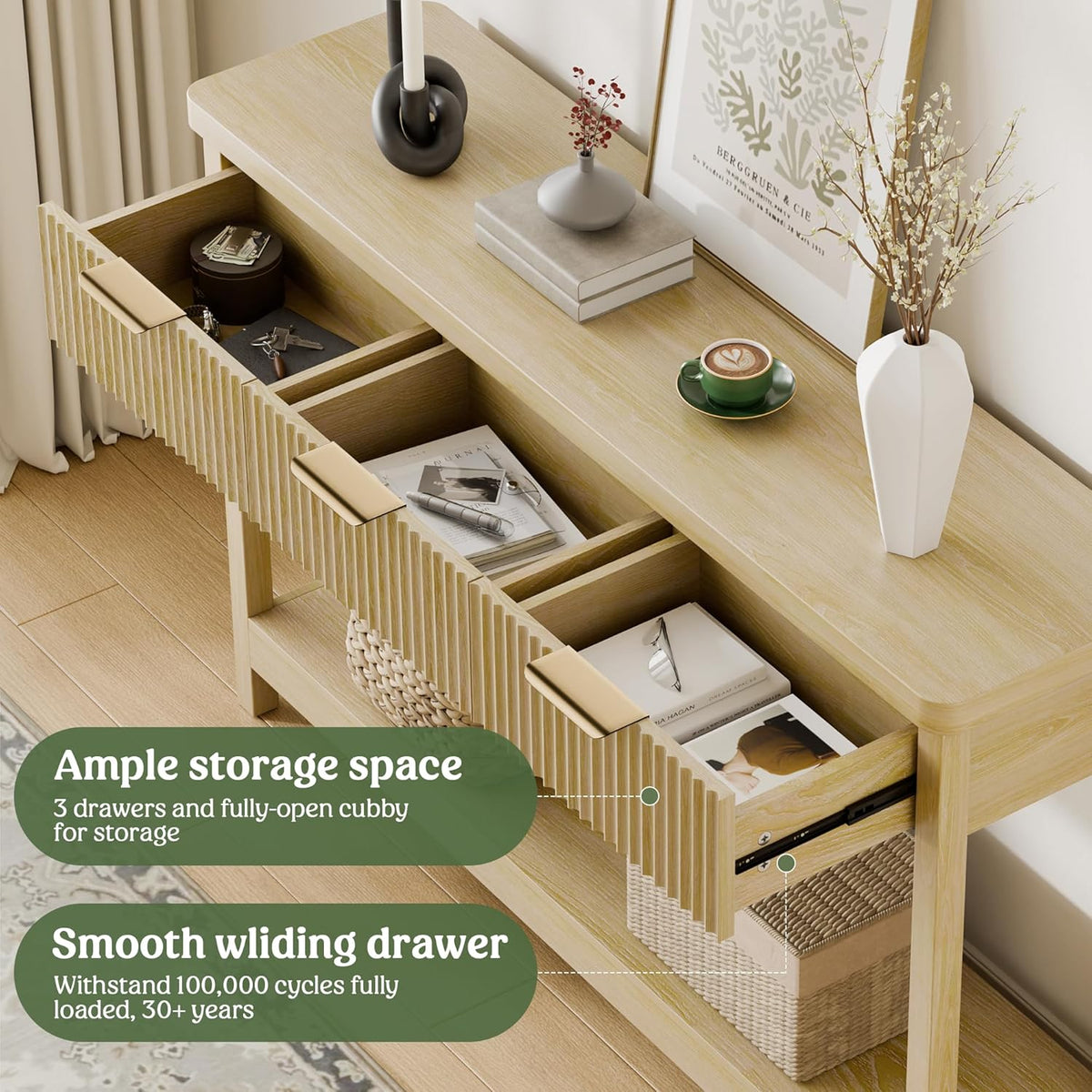 Lulive 51" Fluted Console Table for Entryway, Entryway Table with 3 Wooden Drawers, Farmhouse