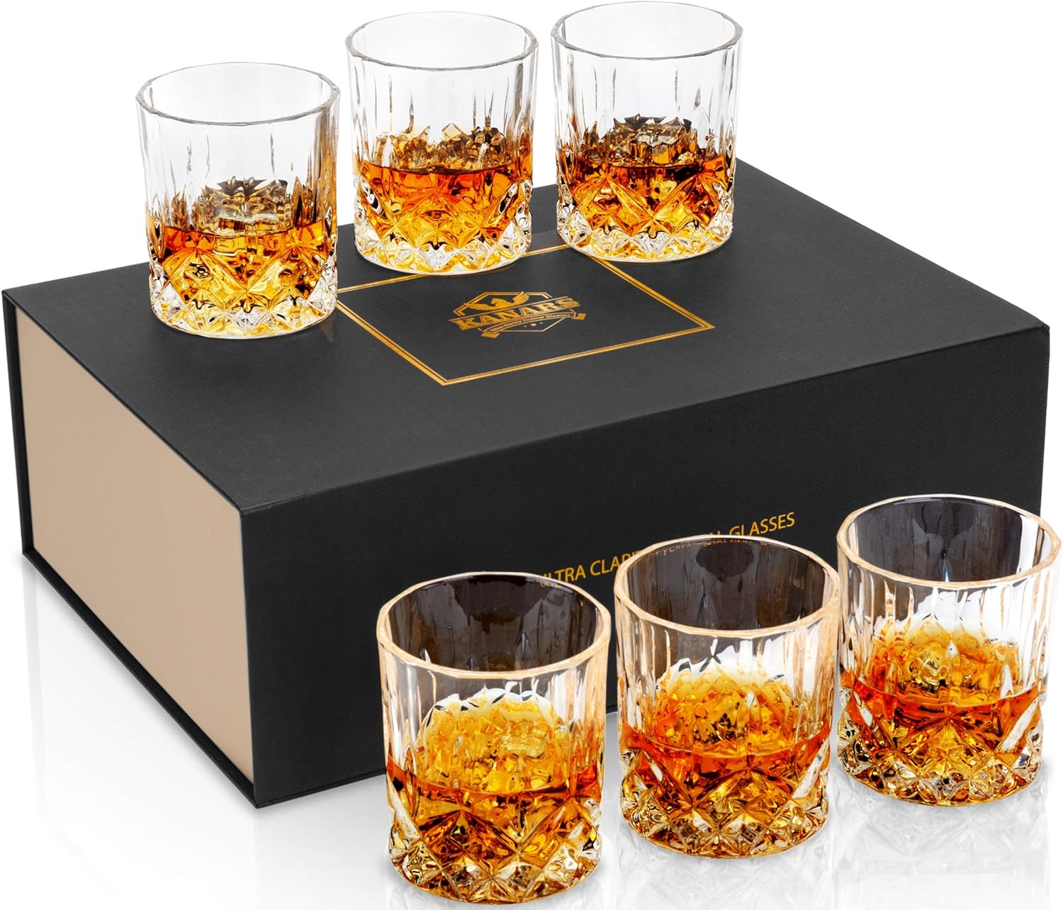 KANARS Whiskey Glasses Set of 6 with Elegant Gift Box,10 Oz Premium Old Fashioned Crystal Glass