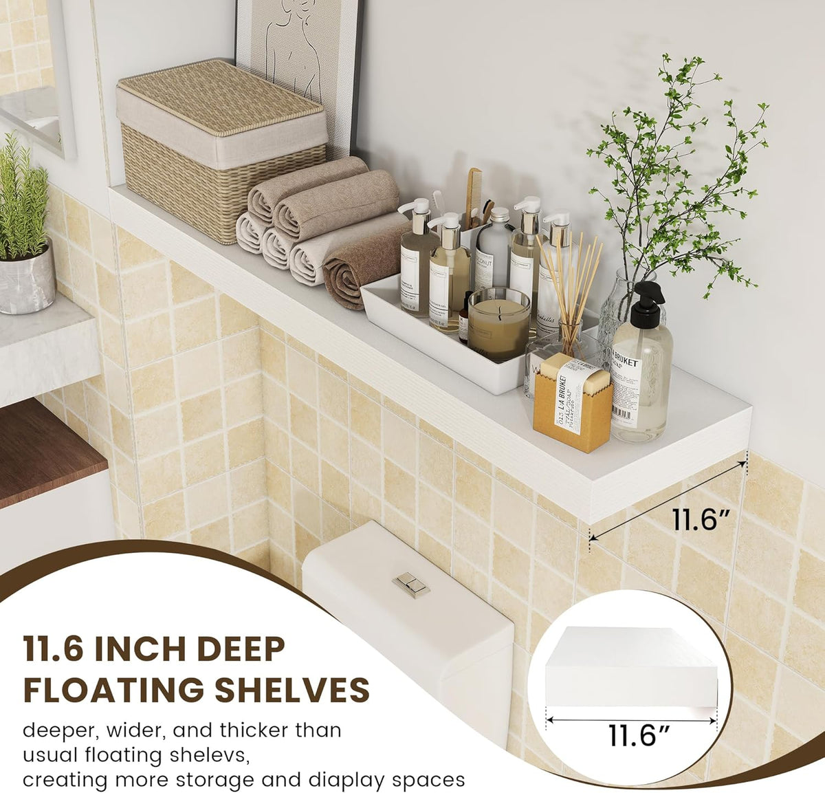 White Floating Shelves for Wall - 48 Inch Wide x 12 Inch Deep Wall Shelves Set of 1 - Rustic Wood