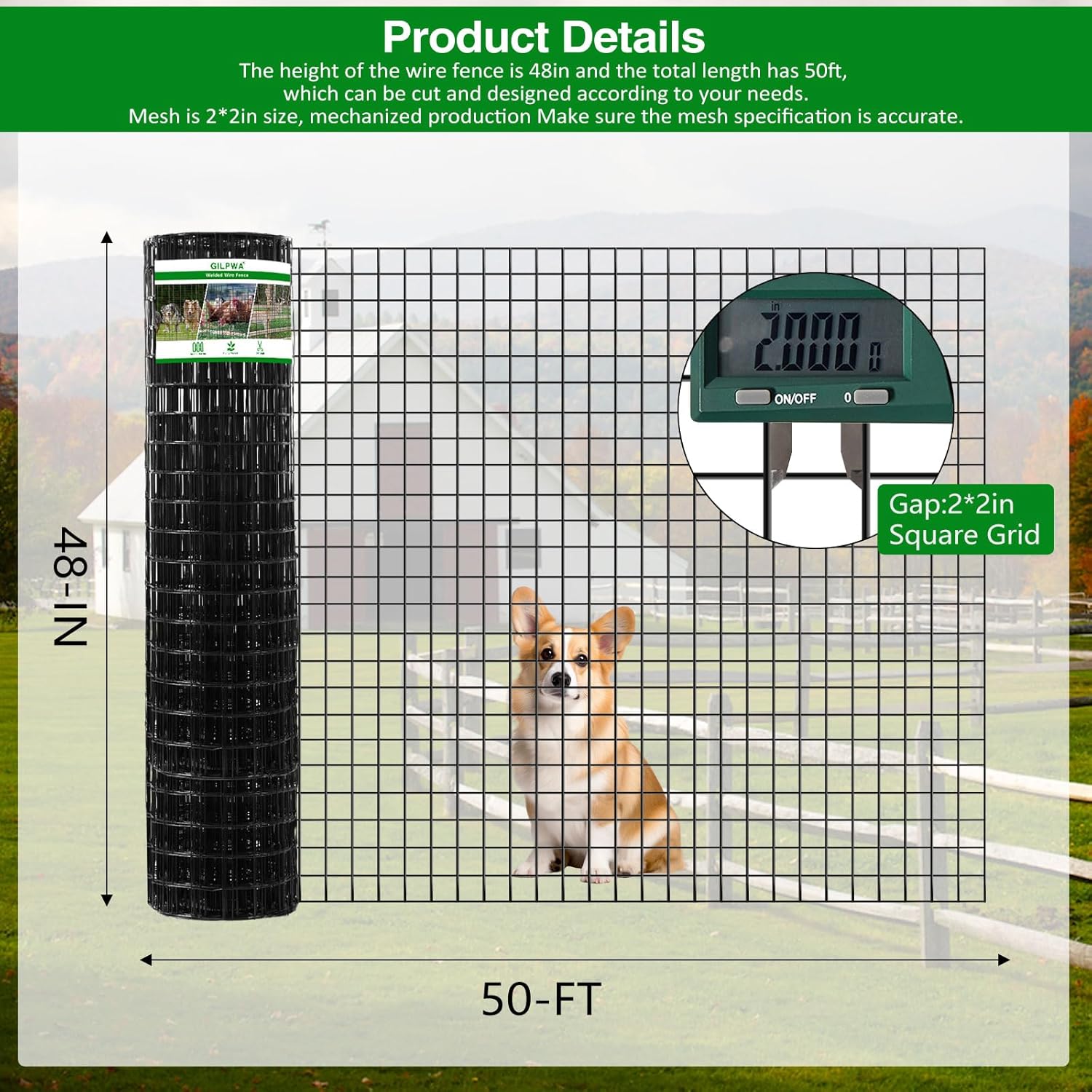 Wire Fence, 48 in(H) X 50 ft(L) PVC Coated Welded Wire Fencing 2" X 2" 16GA Garden Border Vinyl