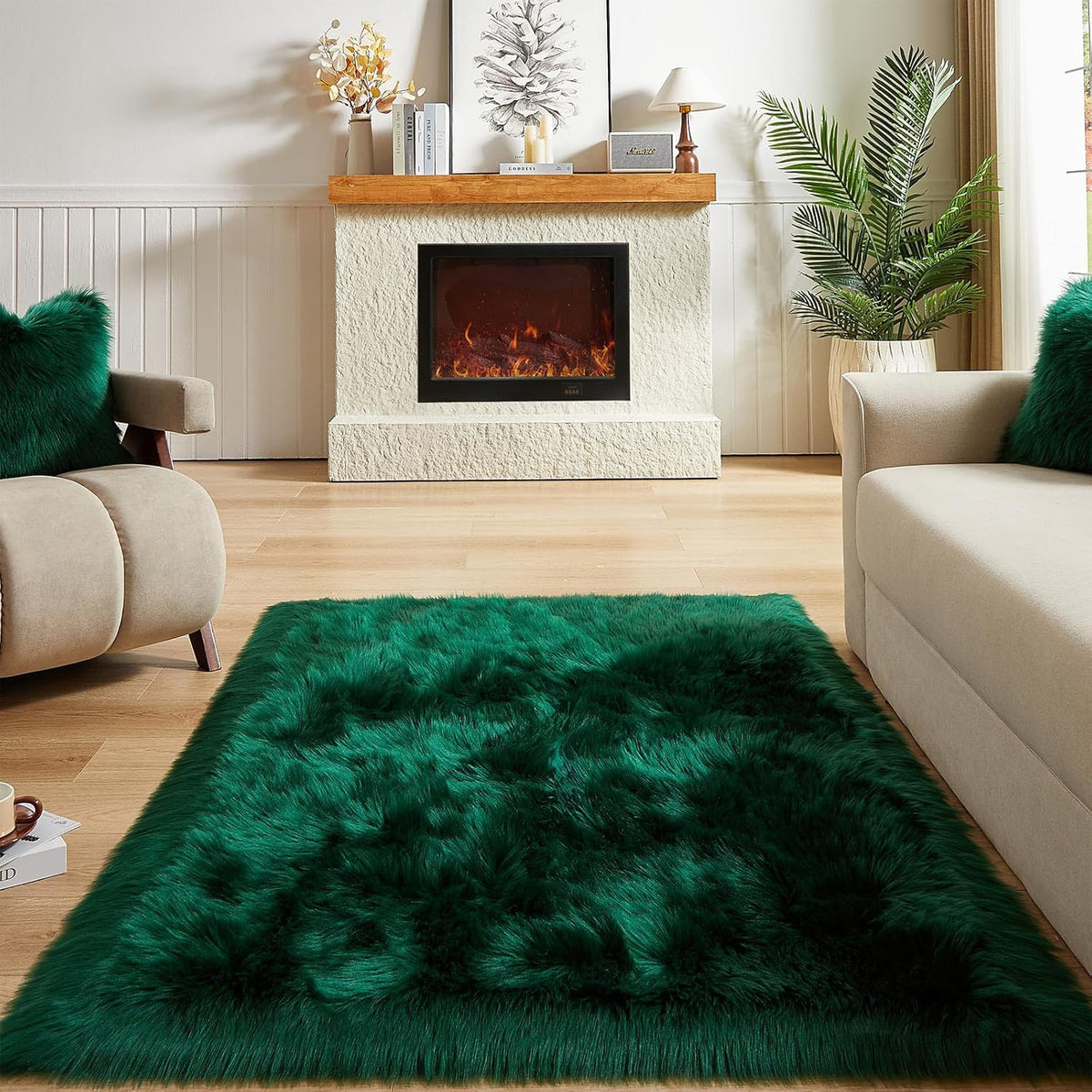 AMTOVO Faux Fur Sheepskin Rug for Living Room, 4 x 6 ft Dark Green Fluffy Area Rug for Bedroom