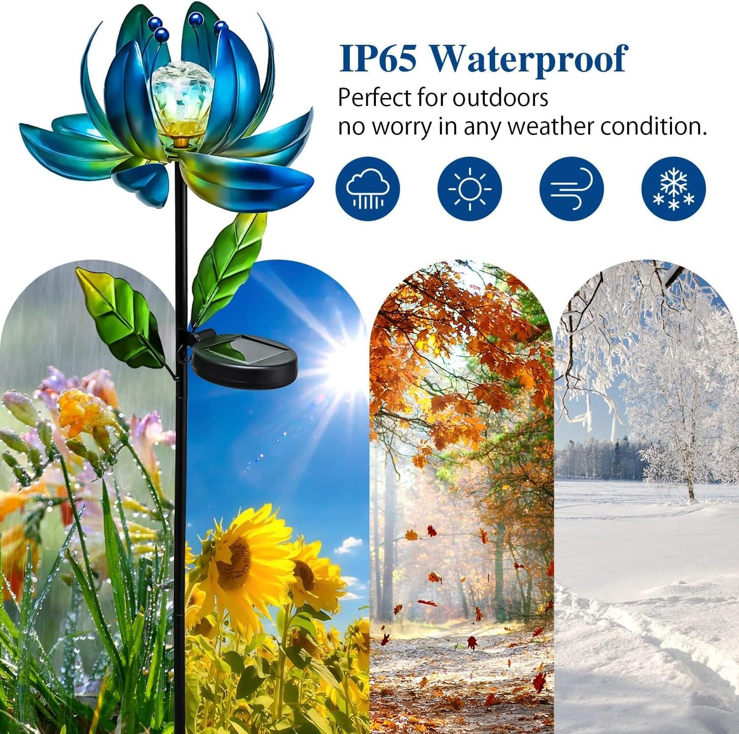 Solar Garden Lights Metal Flower Decor, Colorful Spinning Windmill Lotus Pathway Ligths with LED