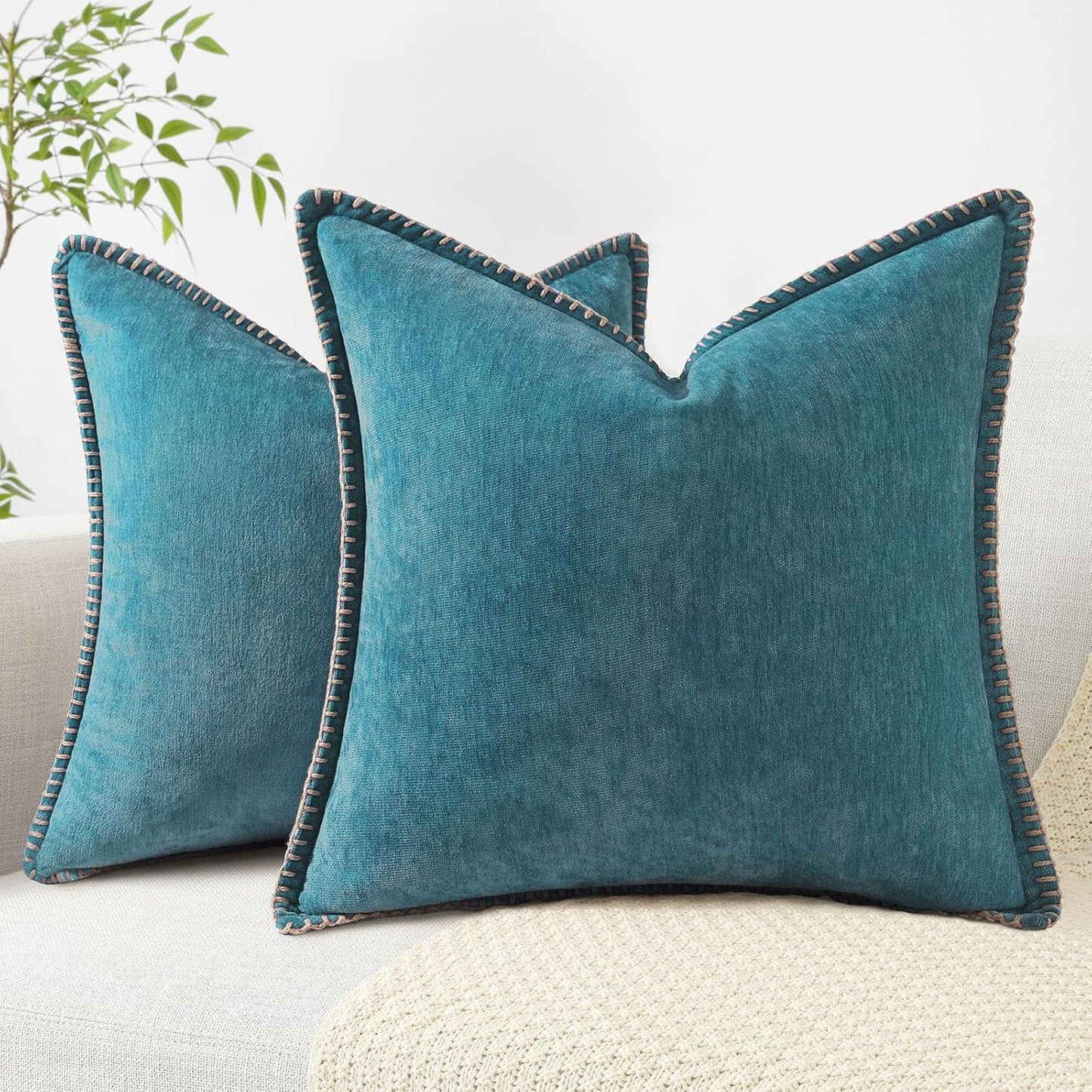 decorUhome Chenille Soft Throw Pillow Covers 20x20 Set of 2, Farmhouse Velvet Neutral Decorative