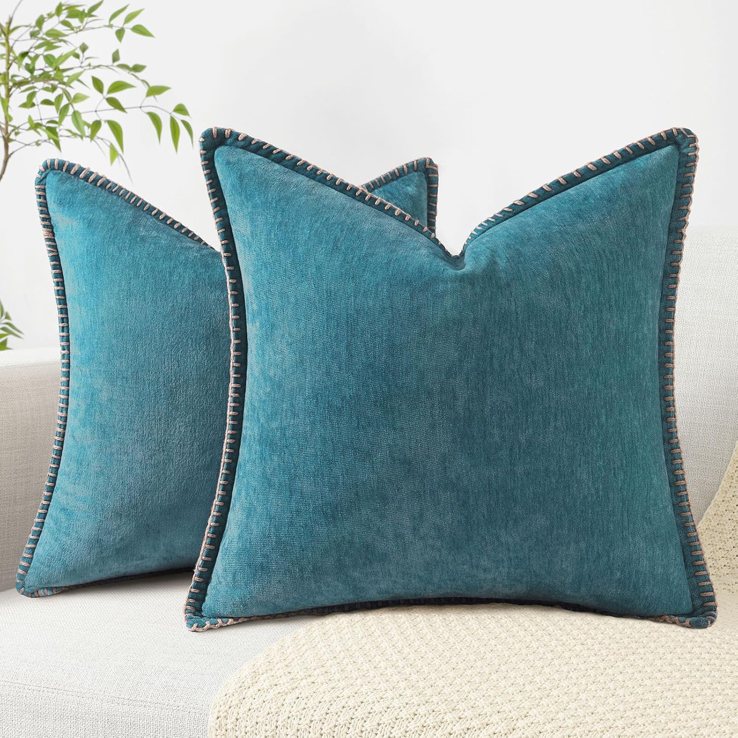 decorUhome Chenille Soft Throw Pillow Covers 22x22 Set of 2, Farmhouse Velvet Neutral Decorative