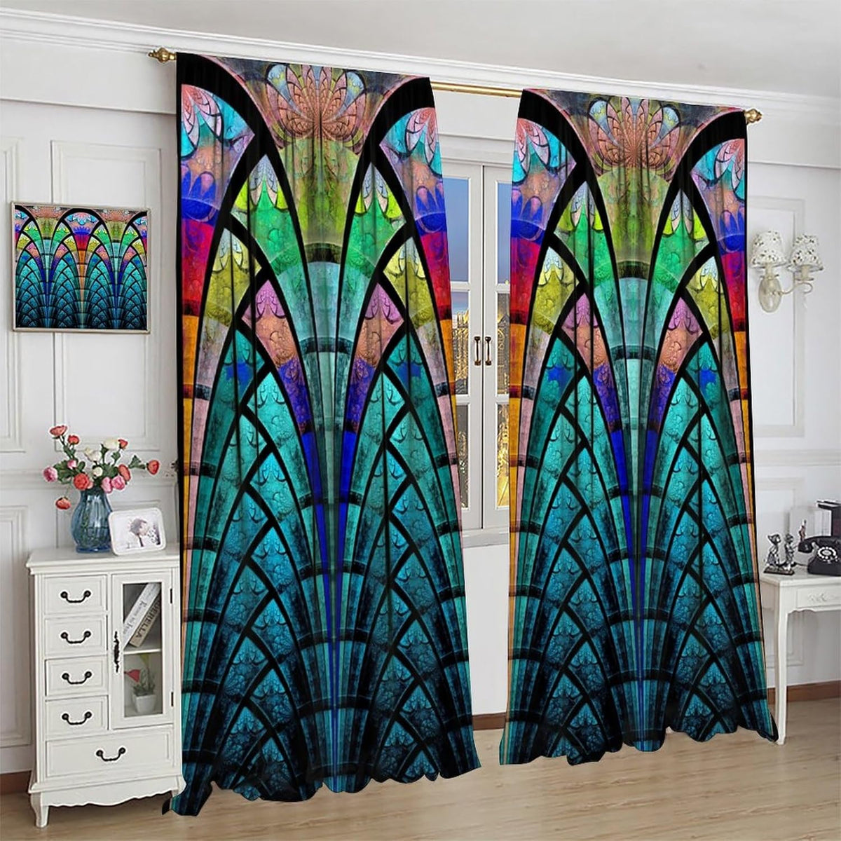Stained Glass Curtains,Retro Design Style Colorful Abstract Art Home Decor Drapes for Bedroom