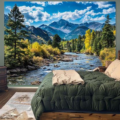 AMM Nature Forest Mountain Tapestry Green Pine Tree Tapestry for Bedroom Aesthetic White Clouds