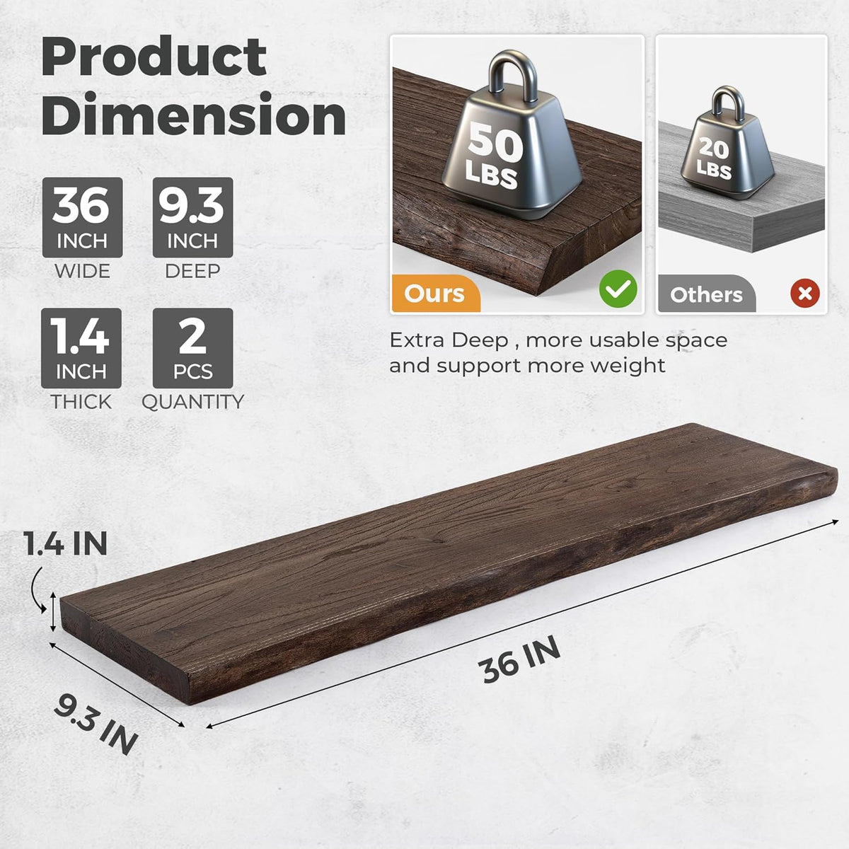 RICHFOCUS Live Edge Elm Floating Shelves - 36" W x 9.3" D Rustic Solid Wood Wall Shelves with