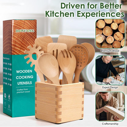 Wooden Spoons for Cooking, 8 Pcs Beech Wood Wooden Kitchen Cooking Spoon Utensil Tools Set Includes