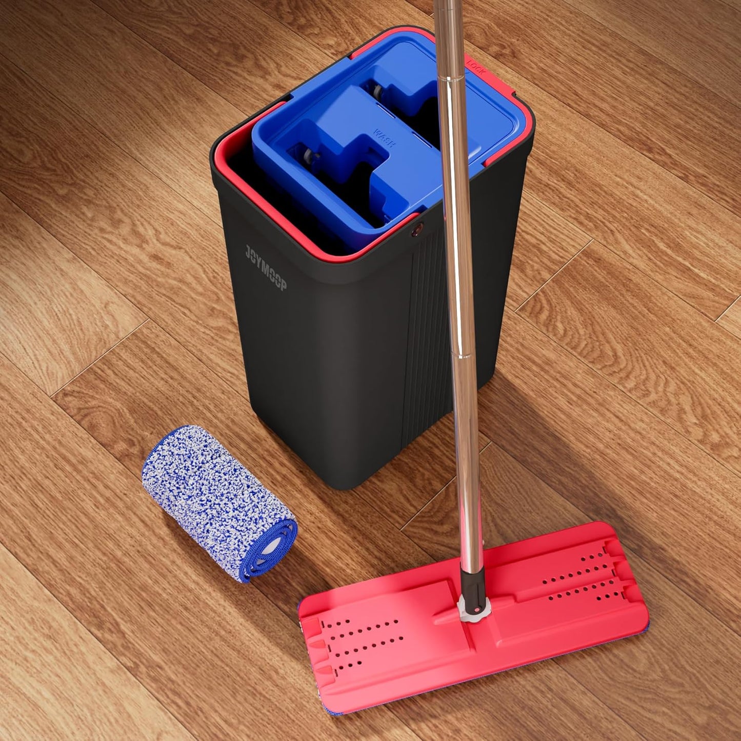JOYMOOP Mop and Bucket with Wringer Set, Hands Free Flat Floor Mop and Bucket, with 6 Washable