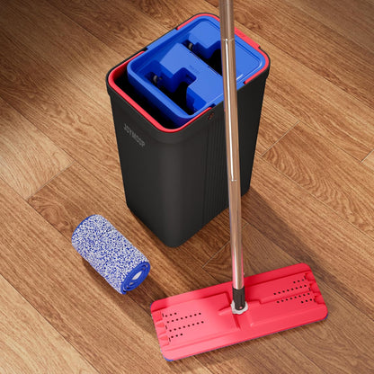 JOYMOOP Mop and Bucket with Wringer Set, Hands Free Flat Floor Mop and Bucket, with 6 Washable