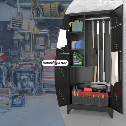 Metal Storage Cabinet with Lock Door, 75" Tall Garage Storage Cabinet with Hanging Rod, Broom