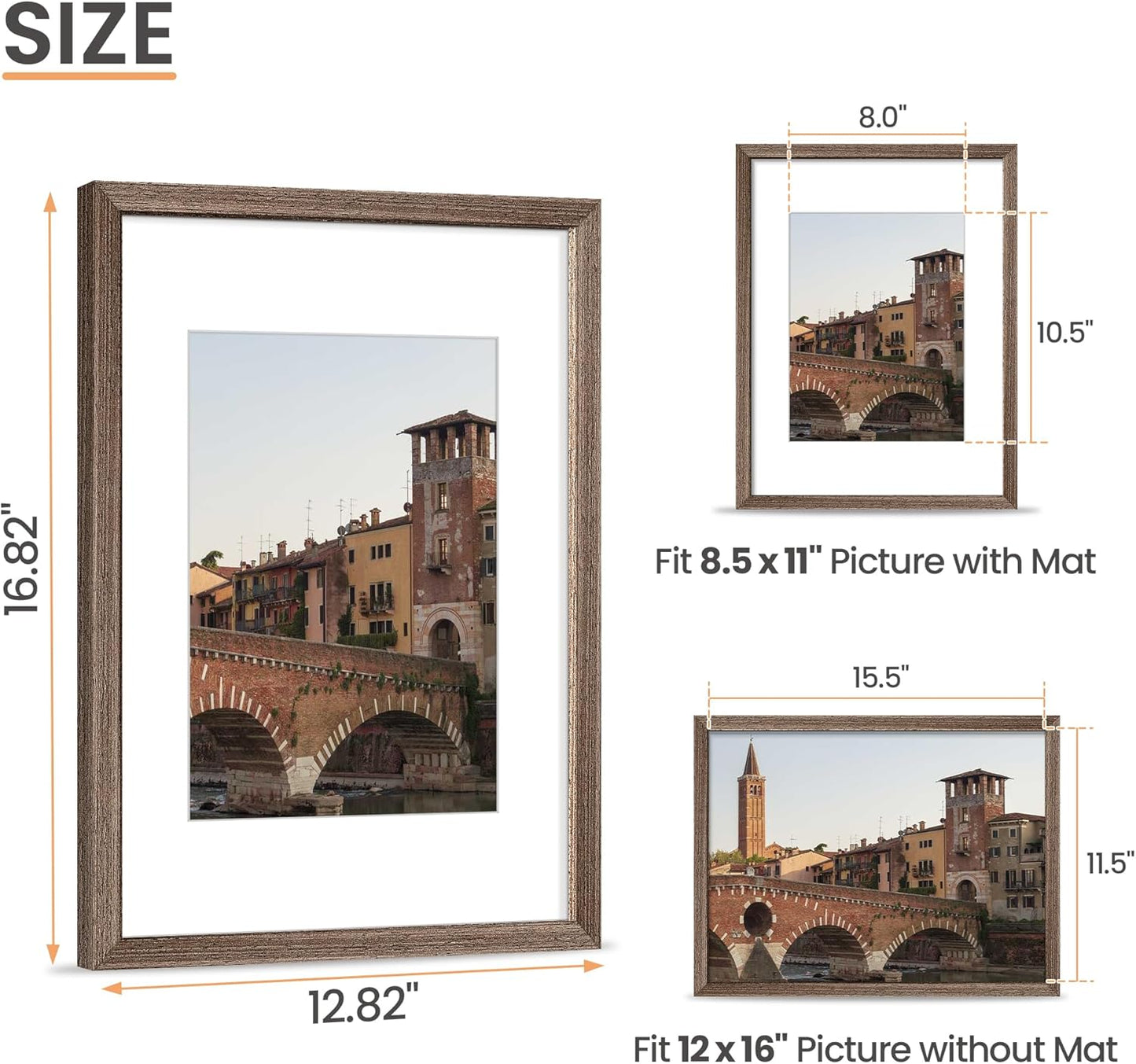 upsimples 12x16 Picture Frame, Natural Solid Wood Picture Frames, Display 8.5x11 with Mat or 12 x