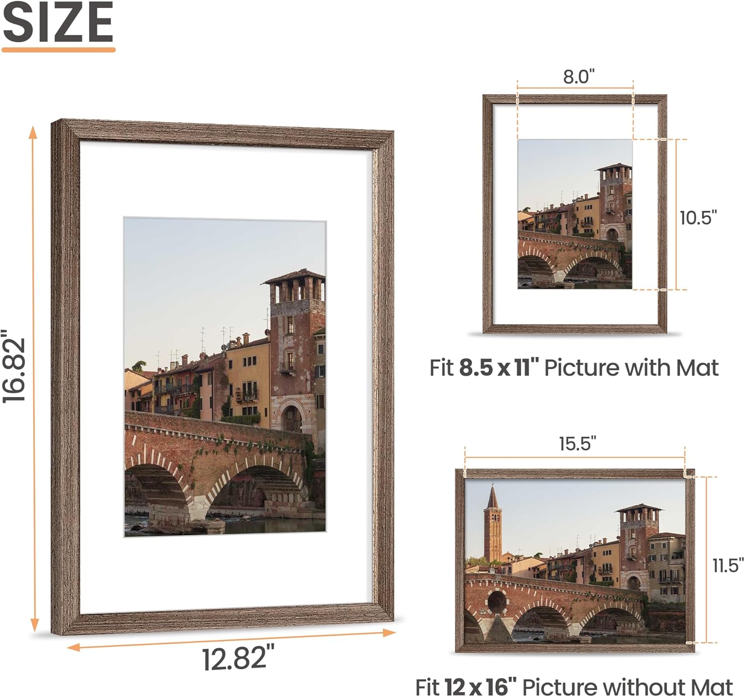 upsimples 12x16 Picture Frame, Natural Solid Wood Picture Frames, Display 8.5x11 with Mat or 12 x