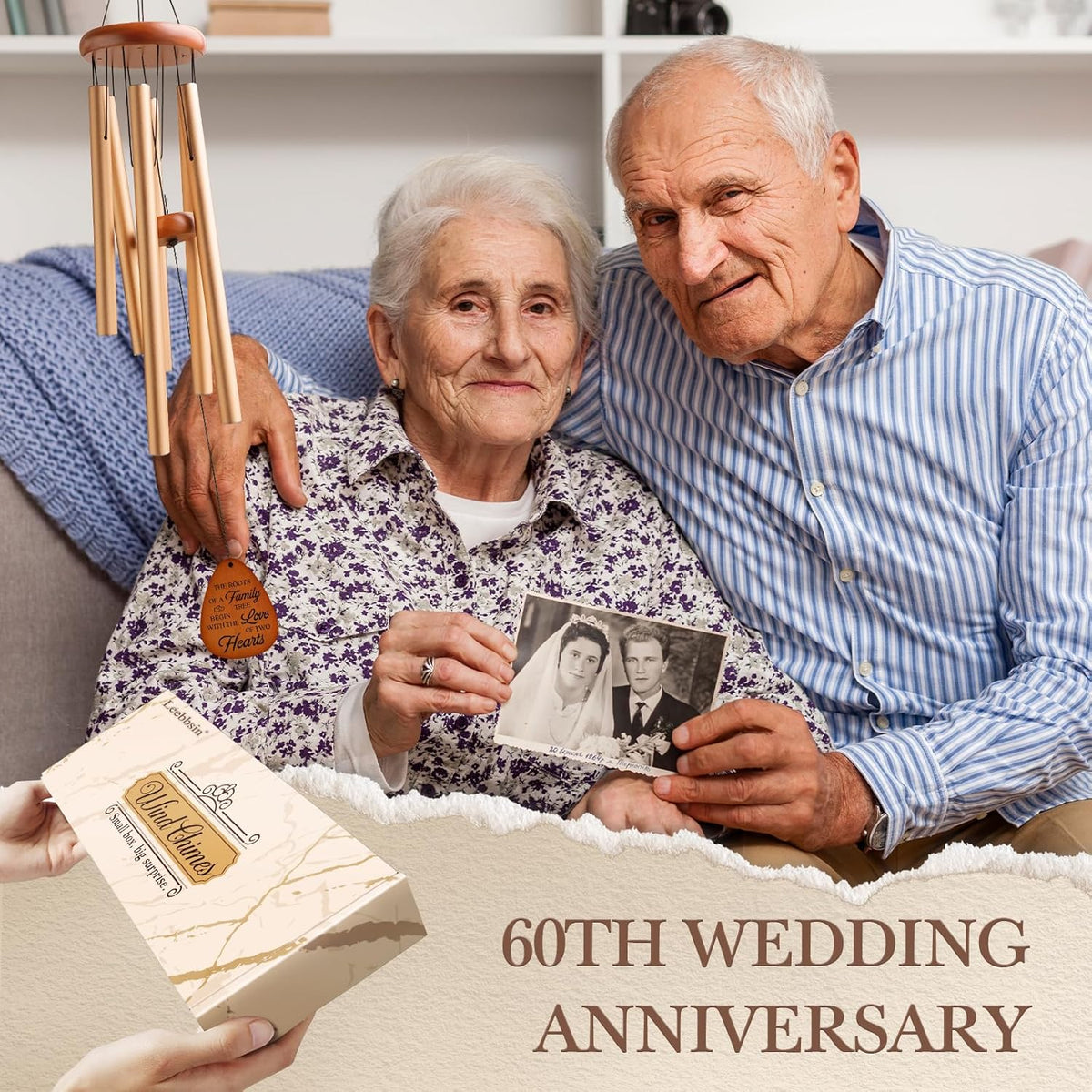 60th Wedding Anniversary Wind Chime, Happy 60th Anniversary Romantic Gifts for Couple, Parents