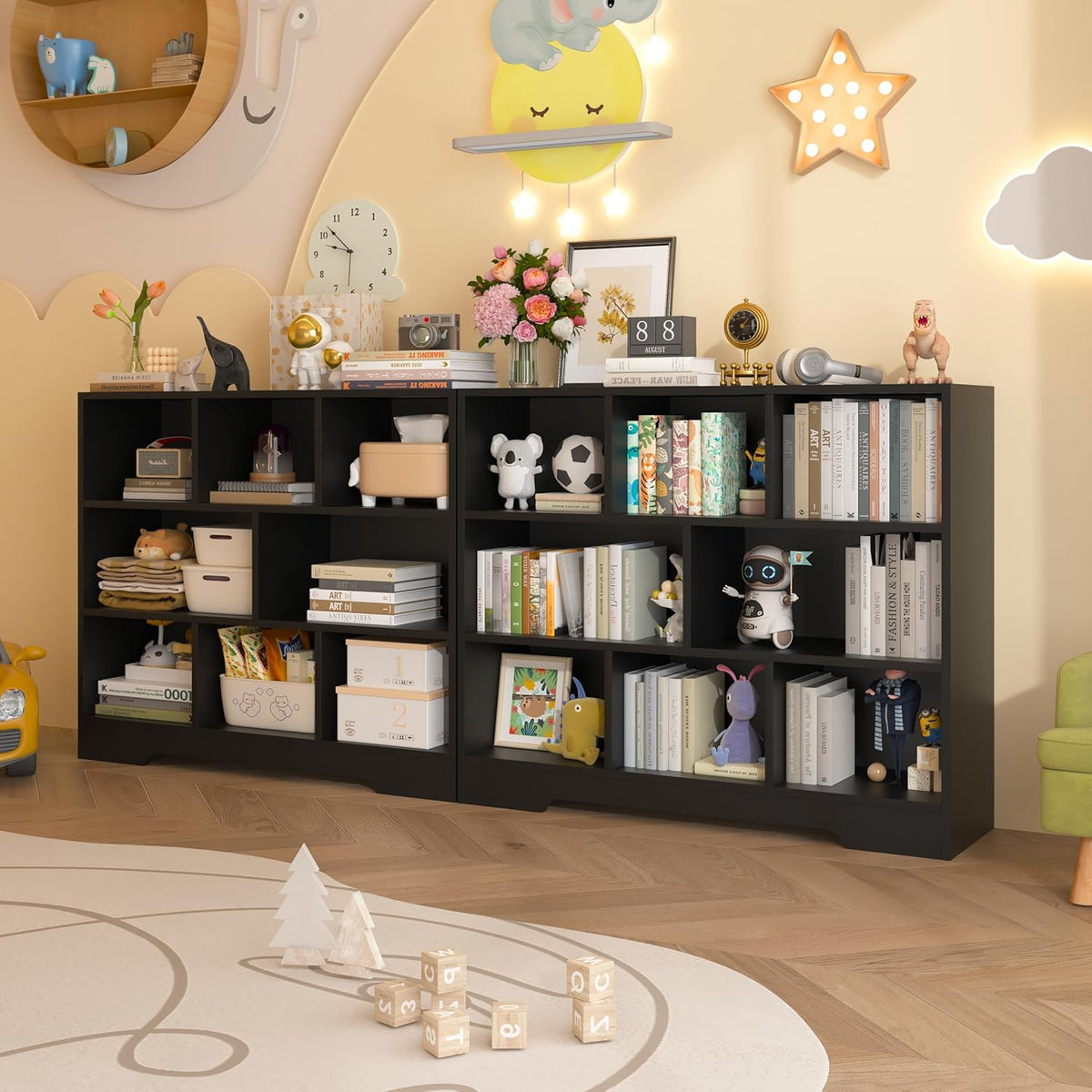 Book Shelf Set of 2, 8 Cubes Storage Organizer, 3-Tier Open Shelf Wooden Bookcase, Freestanding