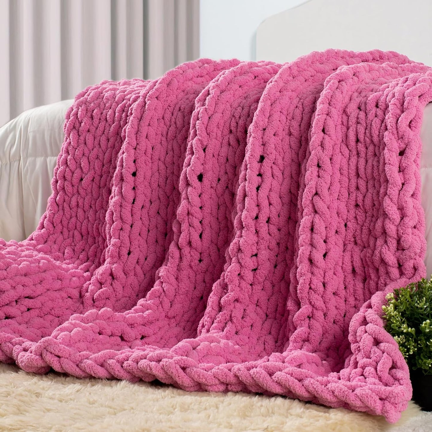 Carriediosa Chunky Knit Throw Blanket 60" X 80" Twin, 100% Hand Made Large Chenille Loop Yarn Soft