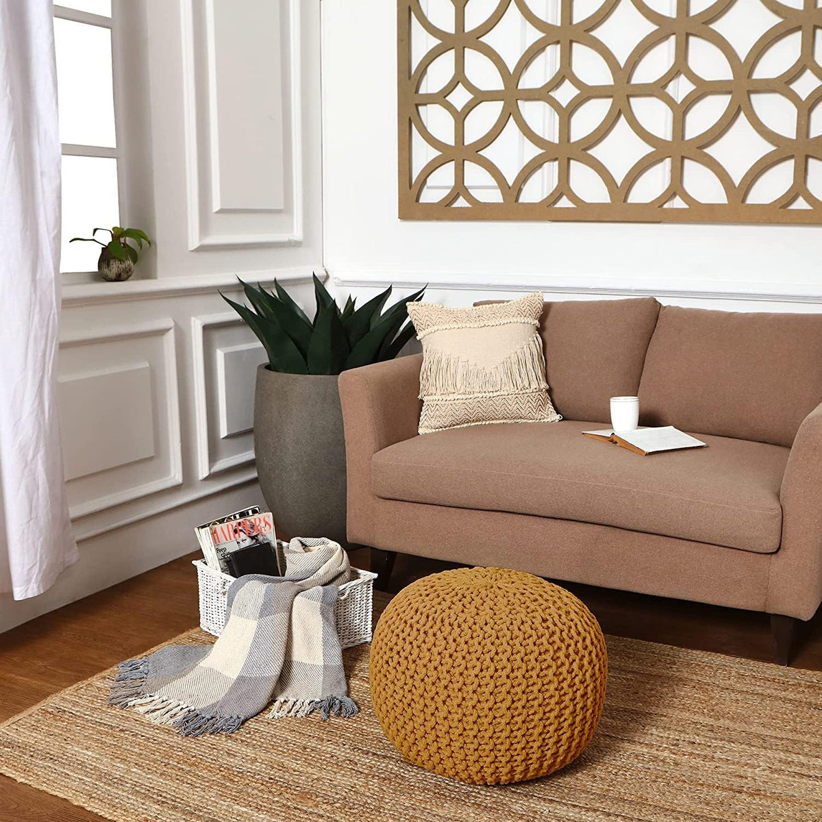 REDEARTH · Round Pouf Ottoman - Hand Knitted Cable Boho Poof Home Décor Pouffe Circular Footrest