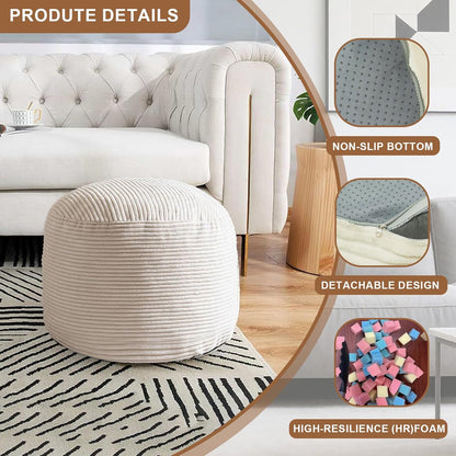 Round Stuffed Pouf Ottoman, Foot Stools Ottoman,Corduroy Poufs with Foam Chunk Filling, Furry and