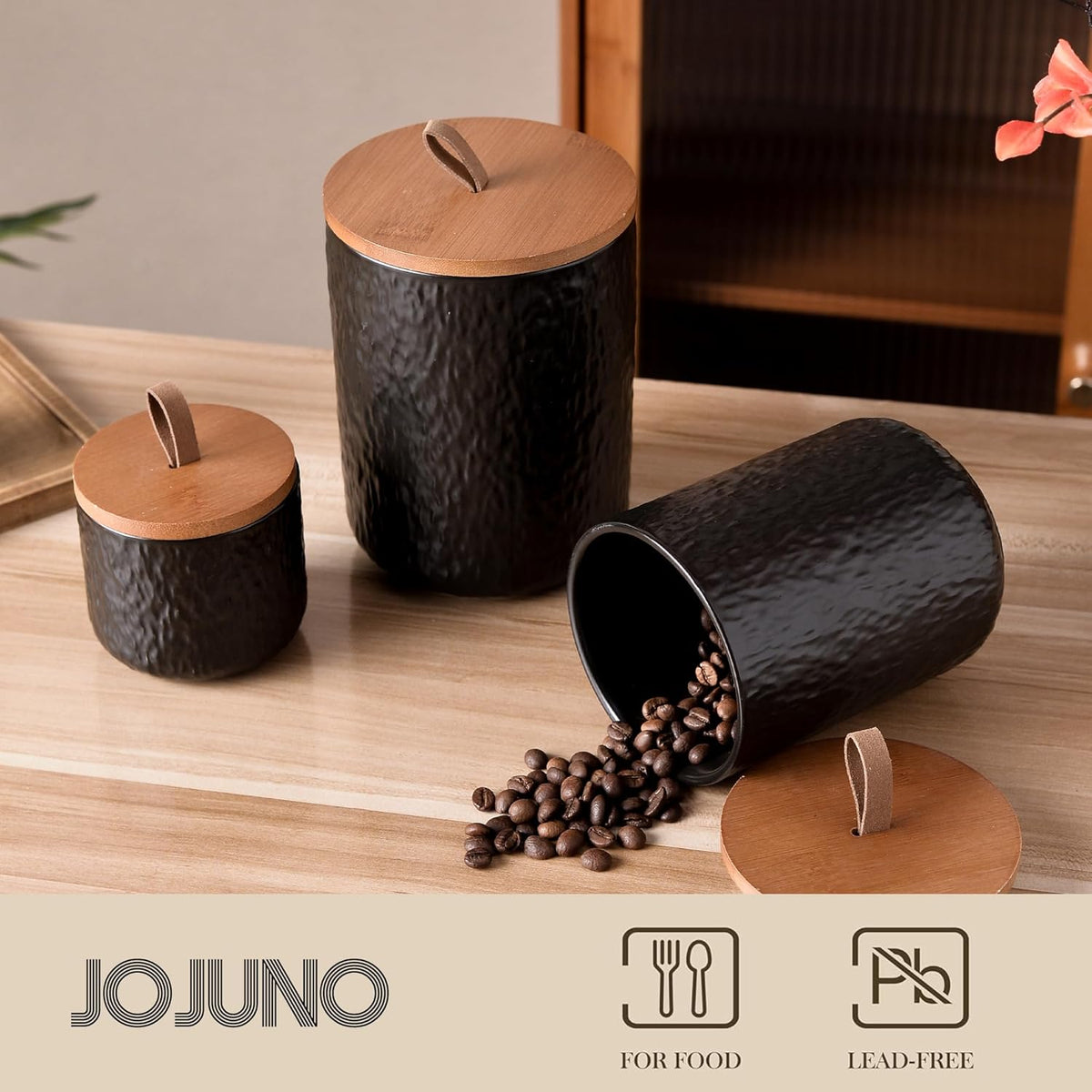 JOJUNO Black Ceramic Canister Set with Wooden Lid, 3-Piece Airtight Food Storage Jars for Kitchen