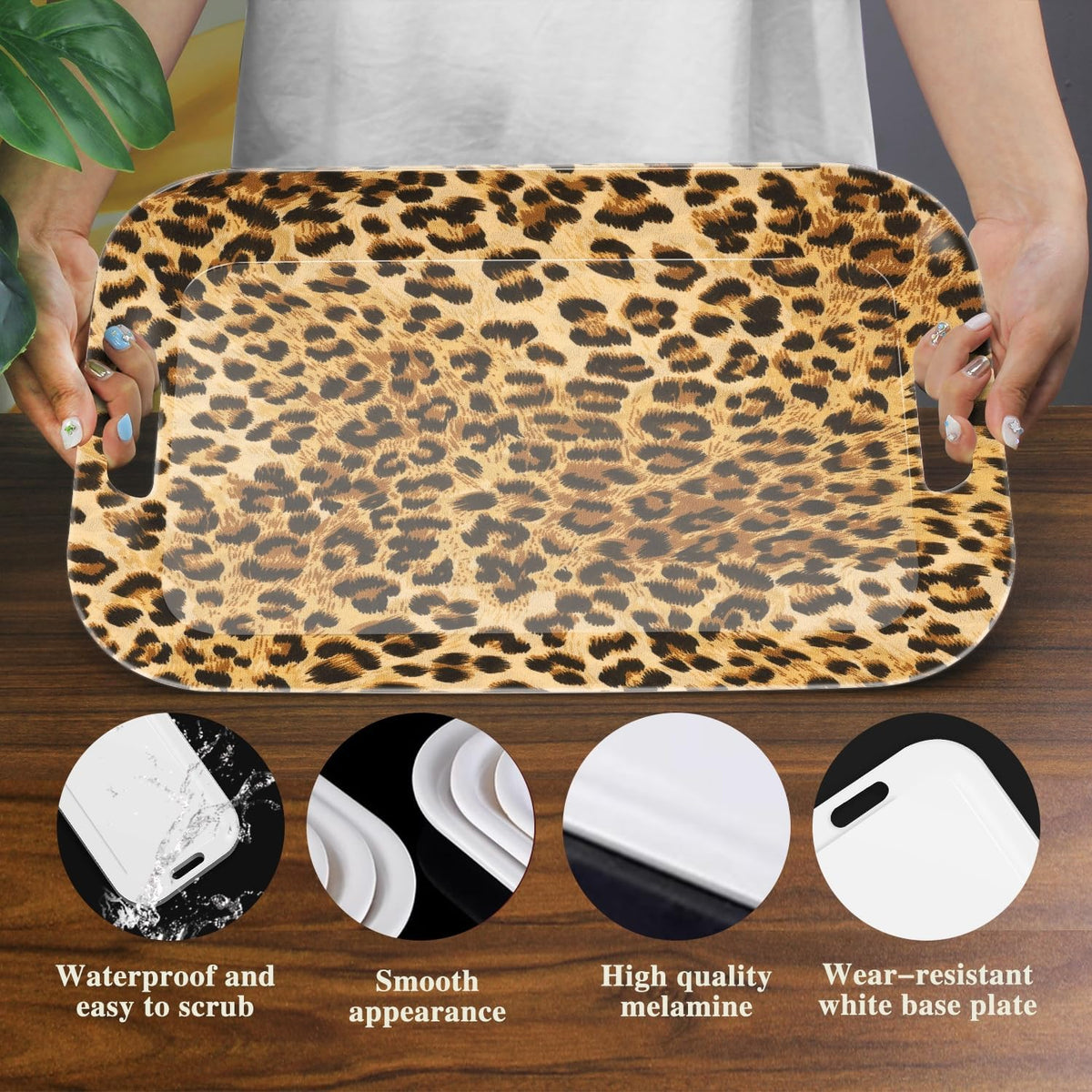 Serving Trays with Handles, 14.5 x 9.8 inch Rectangular Plastic Tray for Restaurant, Kitchen, Brown
