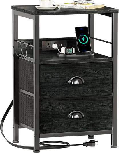 Furologee Nightstand with Charging Station, Black Night Stand with 2 Fabric Drawers, Side Table