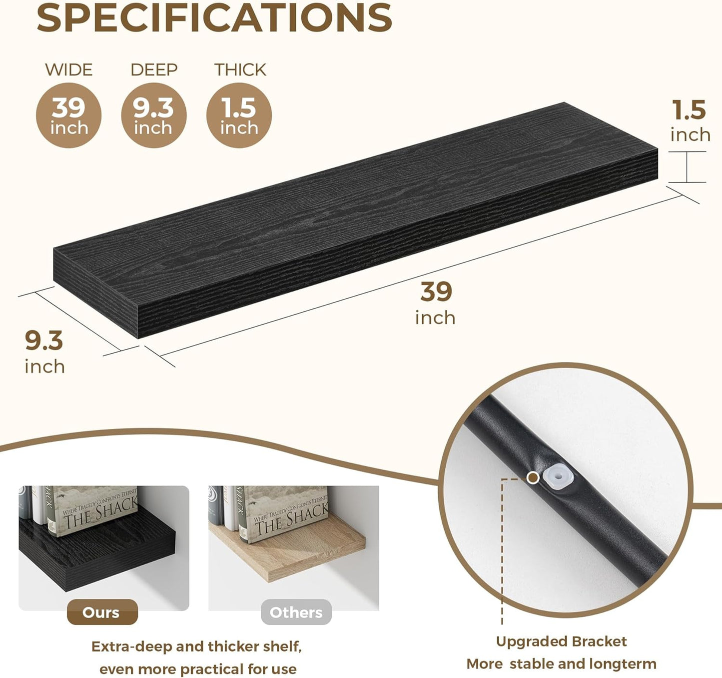 Dreamland 40 Inches Floating Shelves for Wall, 9.3" Deep Long Floating Shelves Set of 2, Large