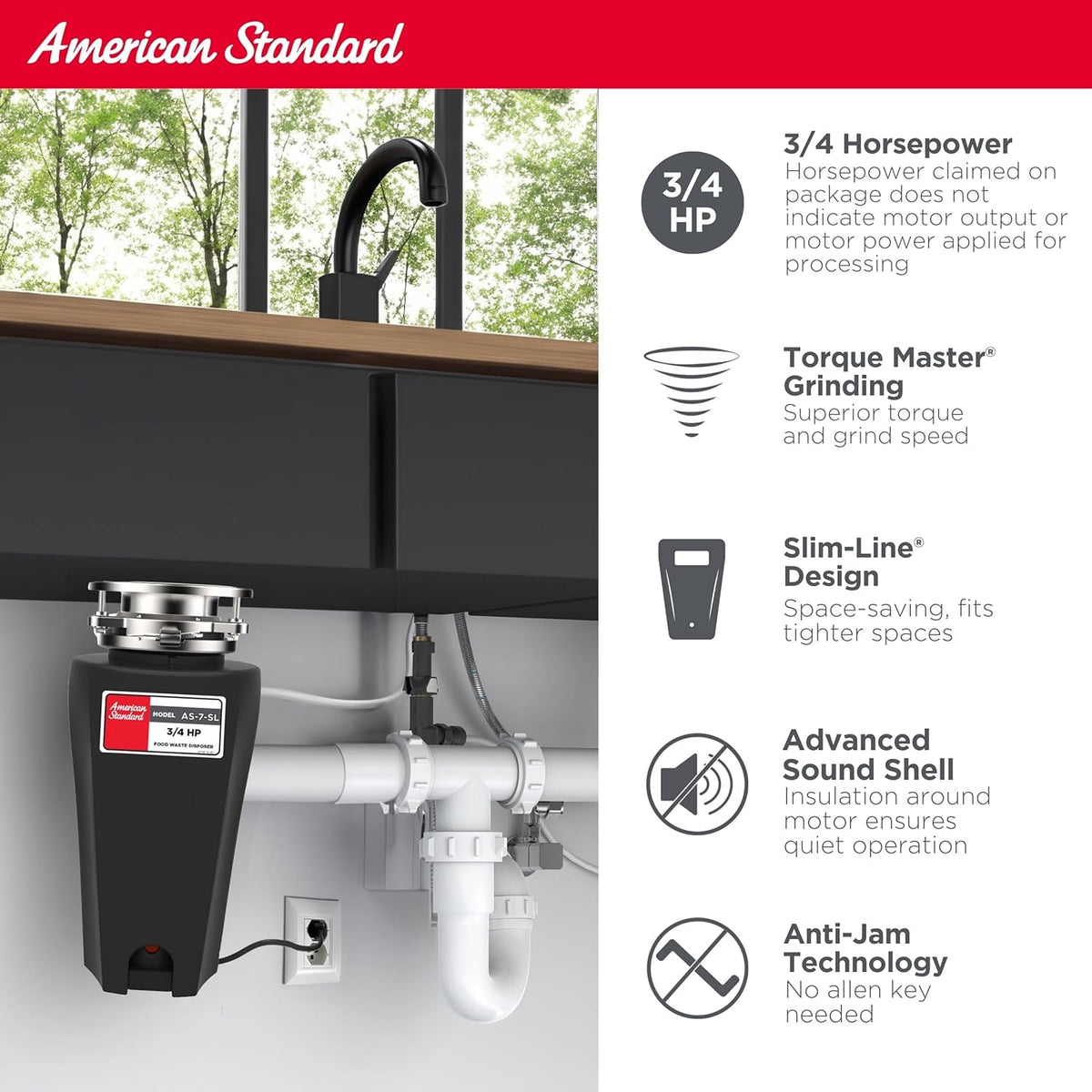 American Standard 10-US-AS-7-SL Garbage Disposal Anti-Jam Stainless Steel Food Waste Grinding