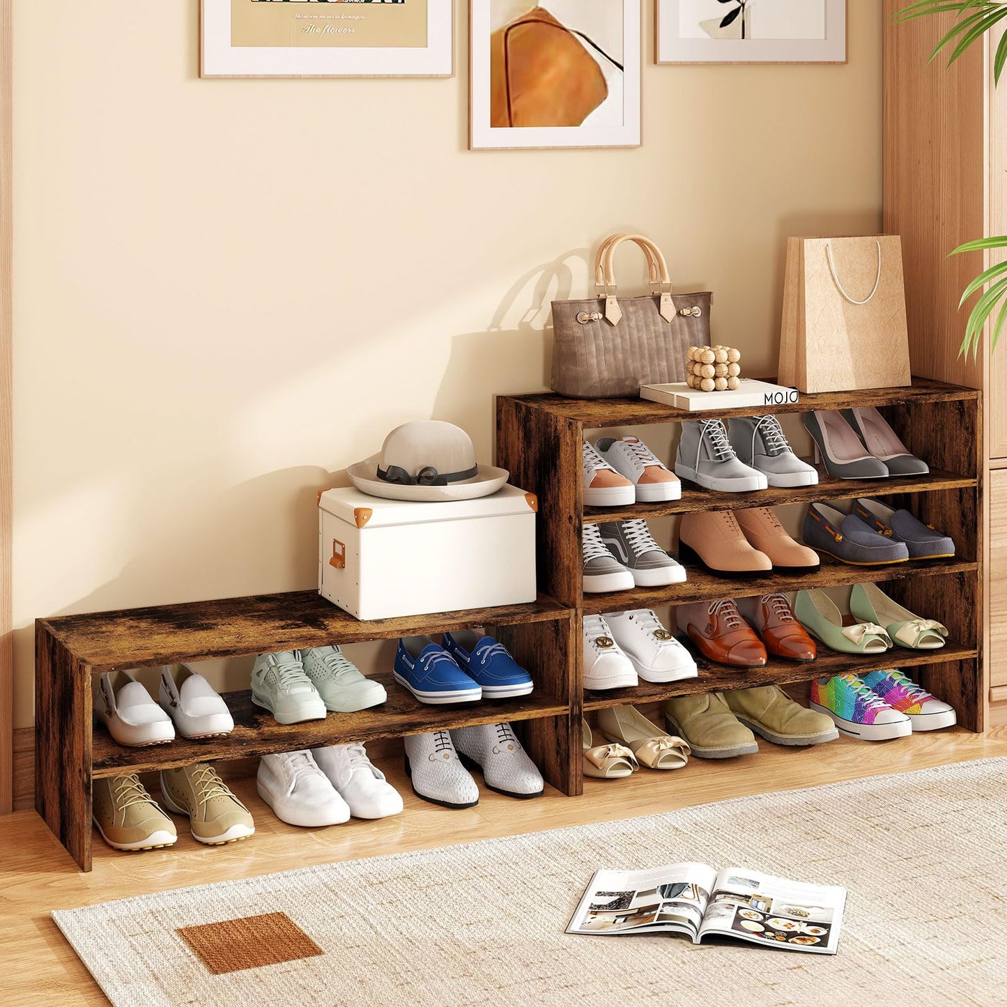 Tangkula 6-Tier Stackble Vertical Shoe Rack, Space Saving Wooden Corner Shoe Storage Shelf for 18