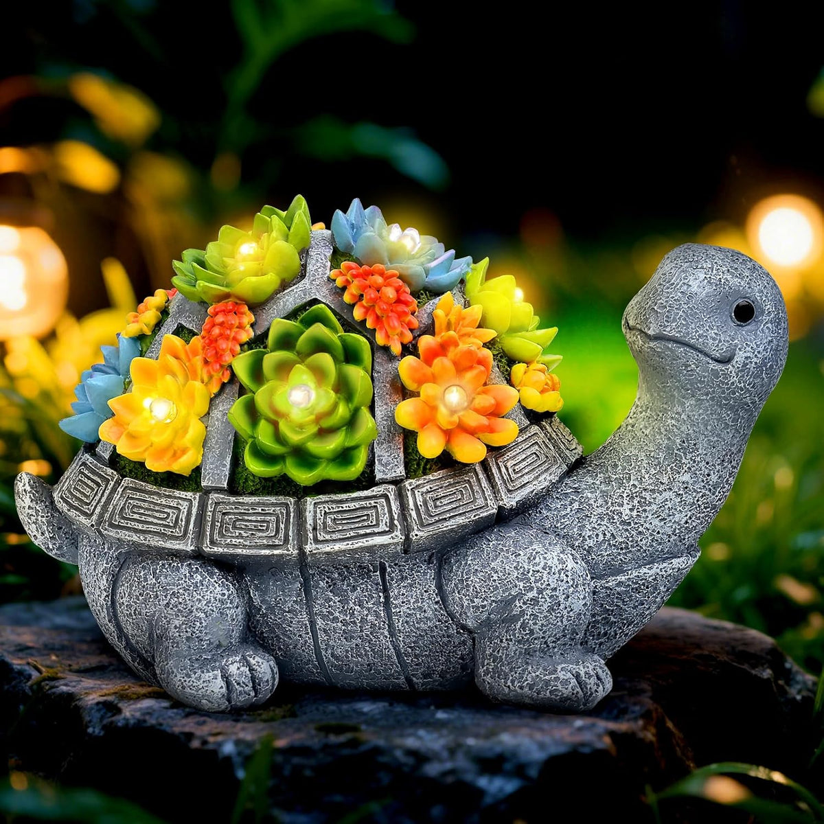 Solar Turtle Statue Garden Decor for Outside with Succulents and 7 LED Lights – 10.3 Inch Cute Lawn