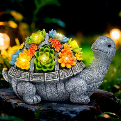 Solar Turtle Statue Garden Decor for Outside with Succulents and 7 LED Lights – 10.3 Inch Cute Lawn