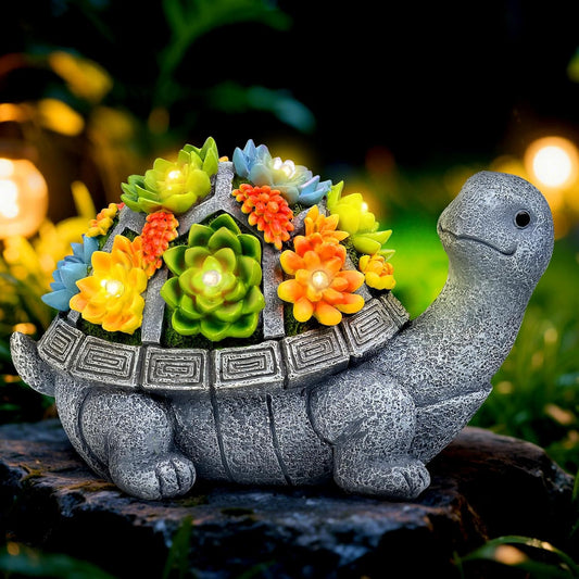 Solar Turtle Statue Garden Decor for Outside with Succulents and 7 LED Lights – 10.3 Inch Cute Lawn