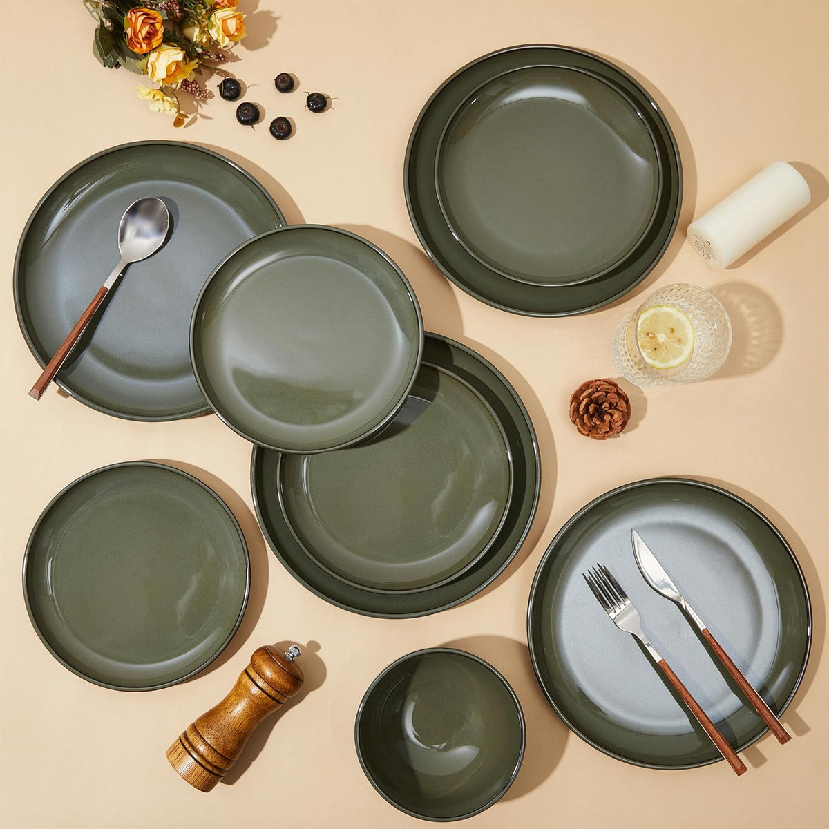 18 Piece Dinnerware Set for 6, Reactive Glaze Terracotta Plates and Bowls Set, Large Family-Sized