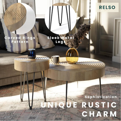 Relso Aspen Round Nesting Coffee Table Set of 2 – Solid Wood Nesting Tables with Metal Legs