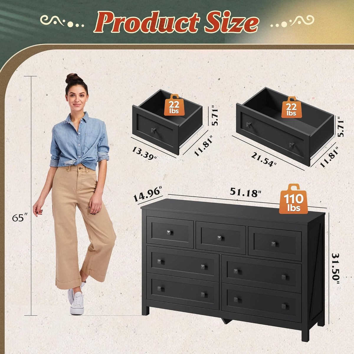 WLIVE Farmhouse Dresser for Bedroom, 51.18'' Wide 7 Drawer Wood Dresser, Black TV Stand for 65 inch