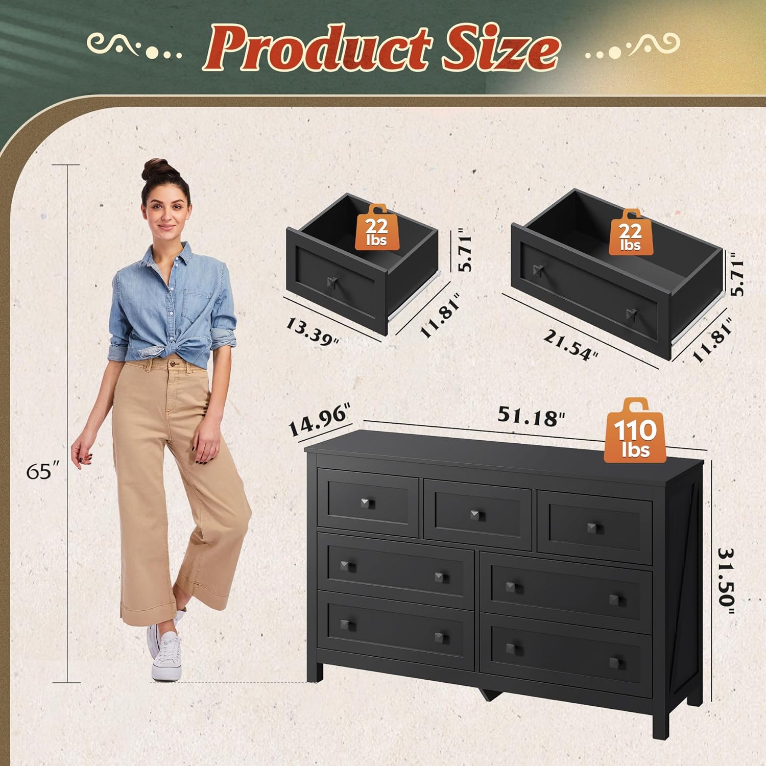 WLIVE Farmhouse Dresser for Bedroom, 51.18'' Wide 7 Drawer Wood Dresser, Black TV Stand for 65 inch