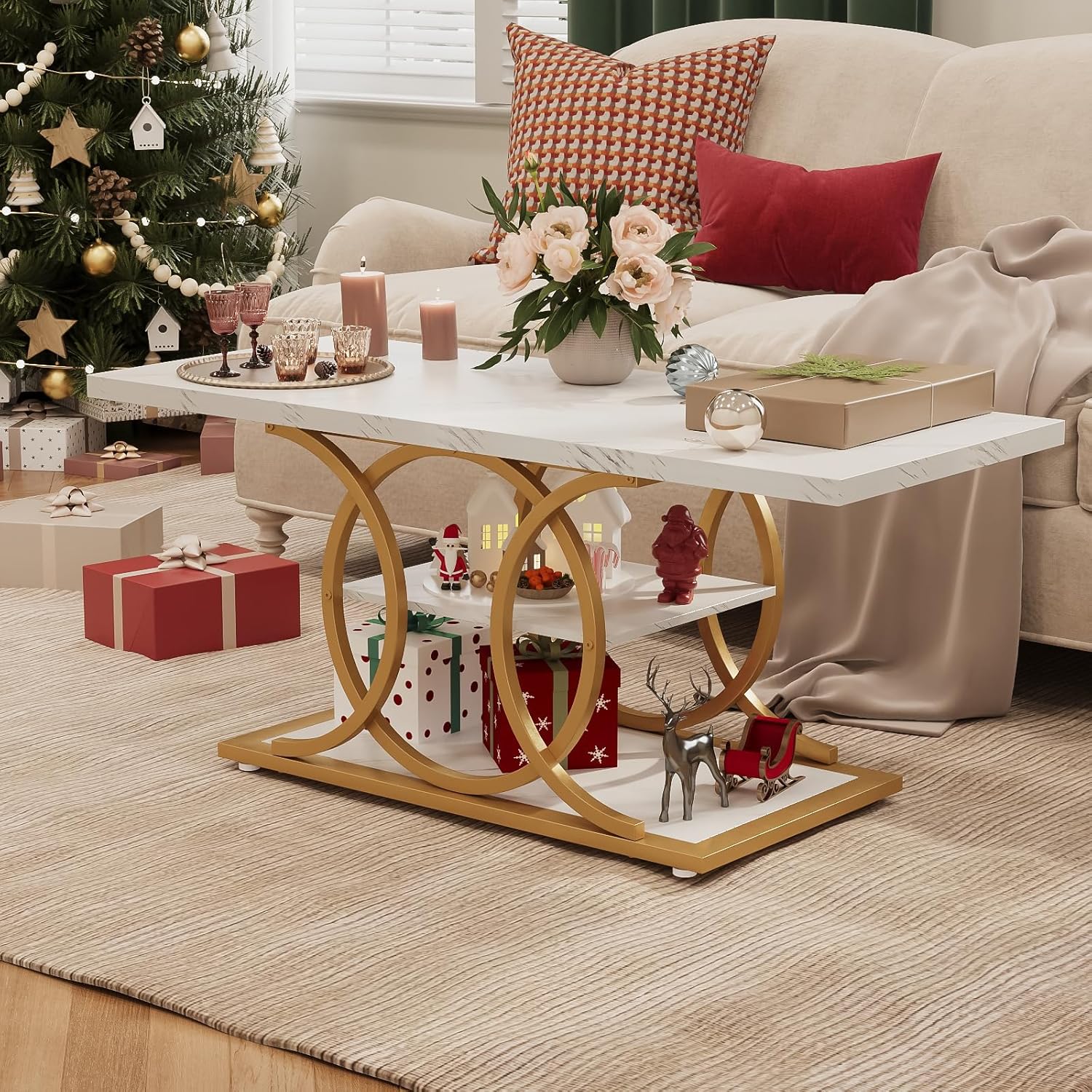 GiftGo Rustic Coffee Table with Storage Modern 3 Tier Center Living Room Table Faux Marble Wooden