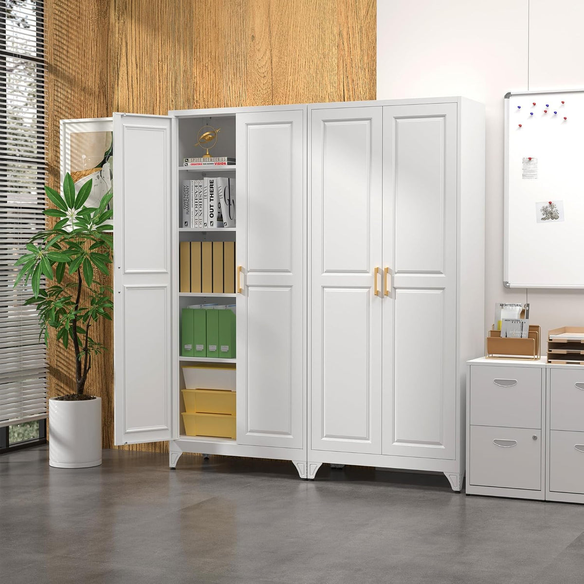 Kitchen Pantry Cabinet,75”White Metal Storage Cabinets with Doors and 4 Adjustable Shelves,Kitchen