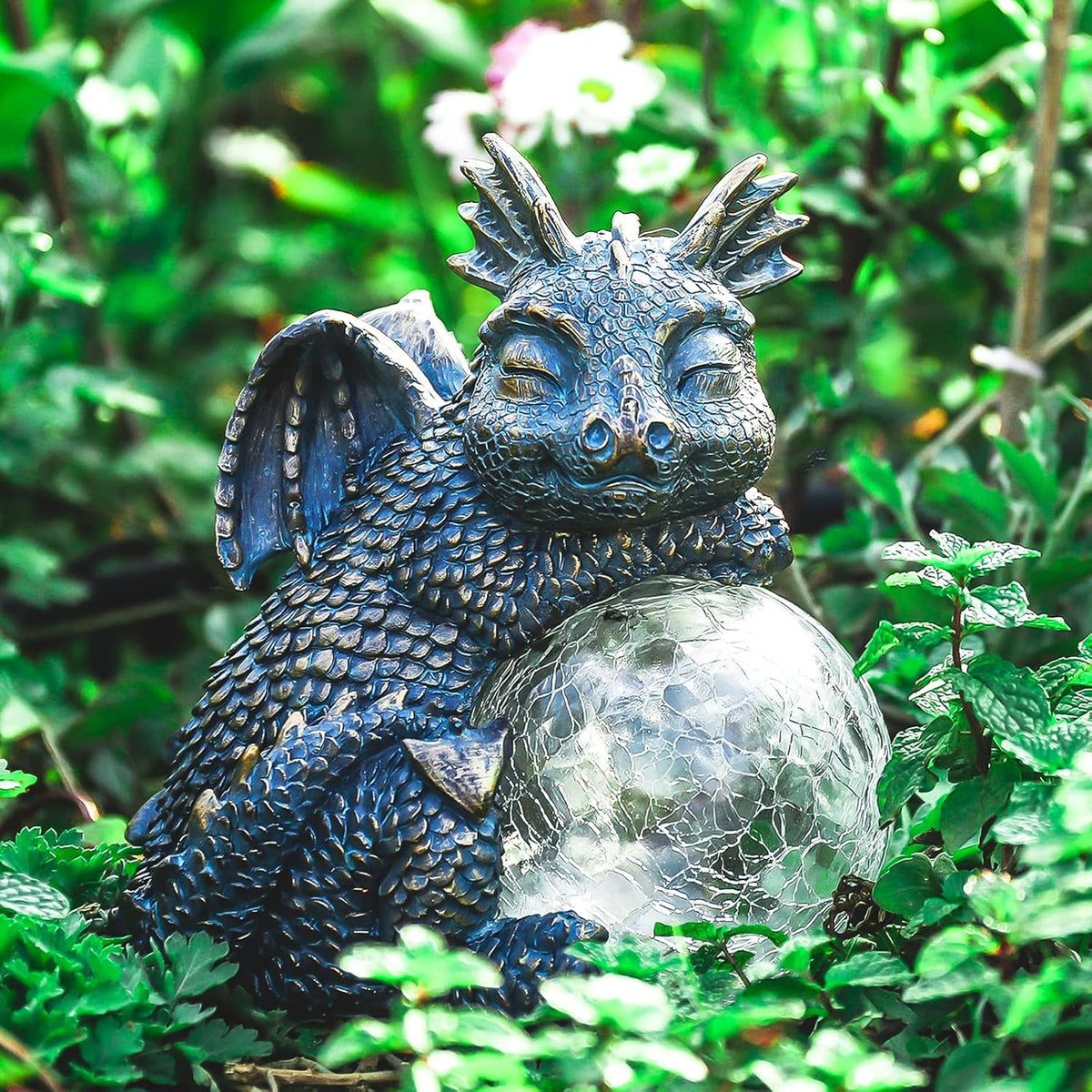 WONDER GARDEN Dragon Statue - Sleeping Dragon Figurines Solar Light Resin Garden Statues with