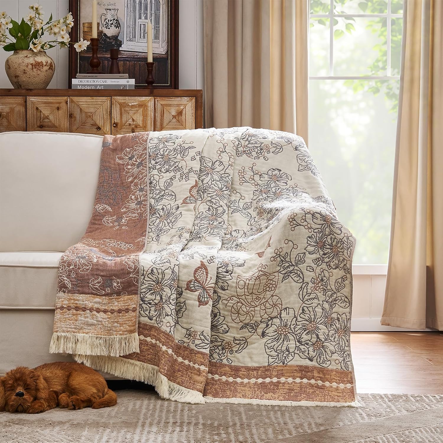JINCHAN Boho Floral 100% Cotton Blanket 4-Layer Throw Blanket with Tassel Taupe and White Flower