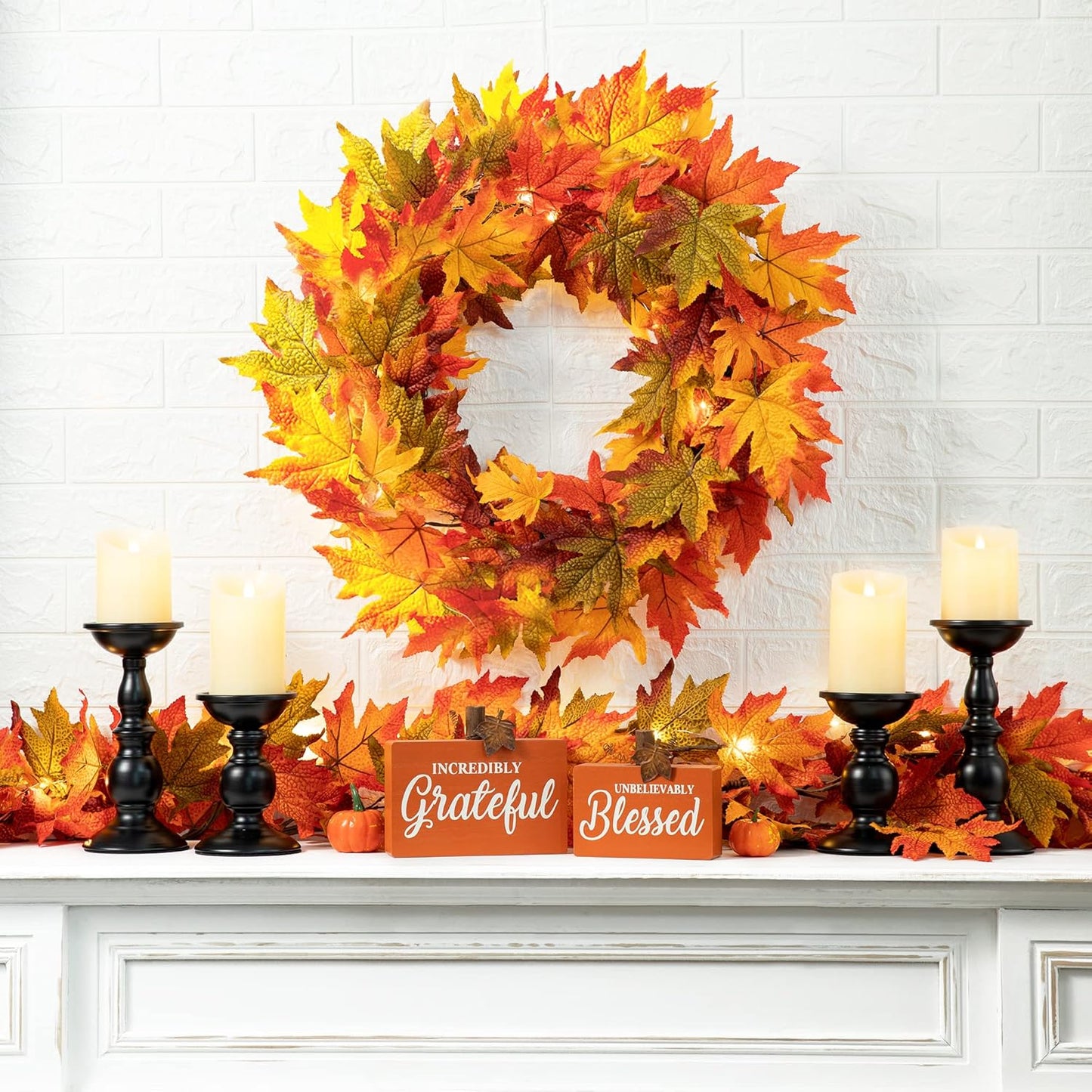 Glitzhome 24 Inch Pre-lit Fall Wreath, Autumn Wreath for Front Door, Lighted Maple Leaves Wreaths