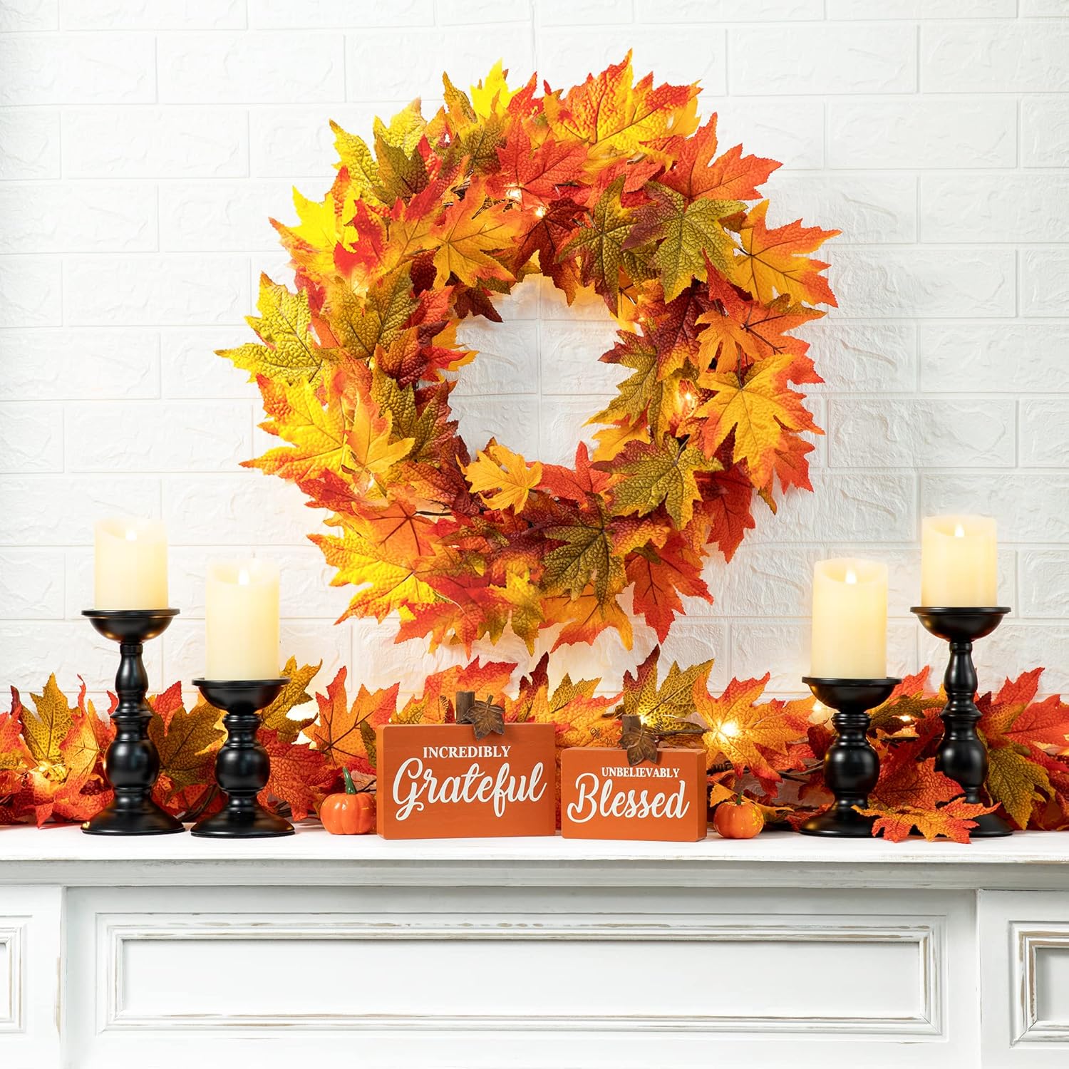 Glitzhome 24 Inch Pre-lit Fall Wreath, Autumn Wreath for Front Door, Lighted Maple Leaves Wreaths